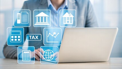 Tax and financial management with digital icons. Business professional using calculator for global finance. Modern corporate accounting technology.