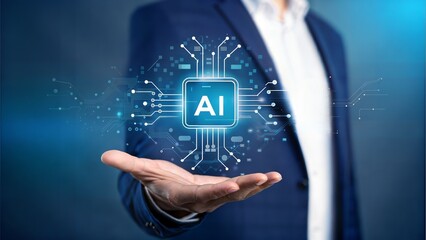 Futuristic AI hologram in professional setting. Hand interacting with digital artificial intelligence display. Modern tech innovation with human touch.