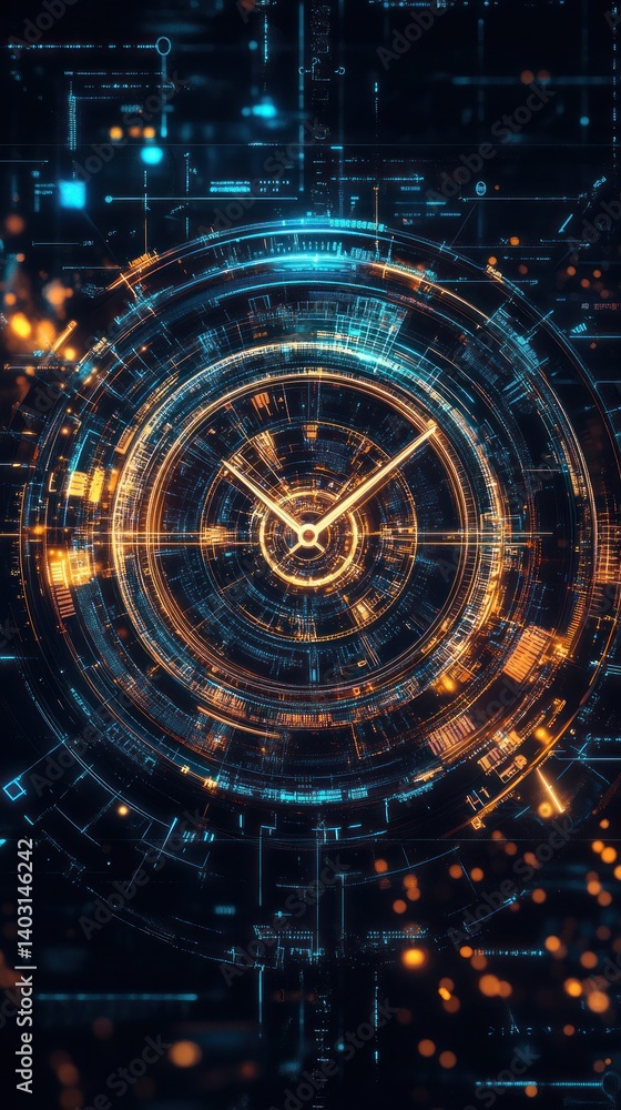 Poster futuristic clock interface with glowing elements
