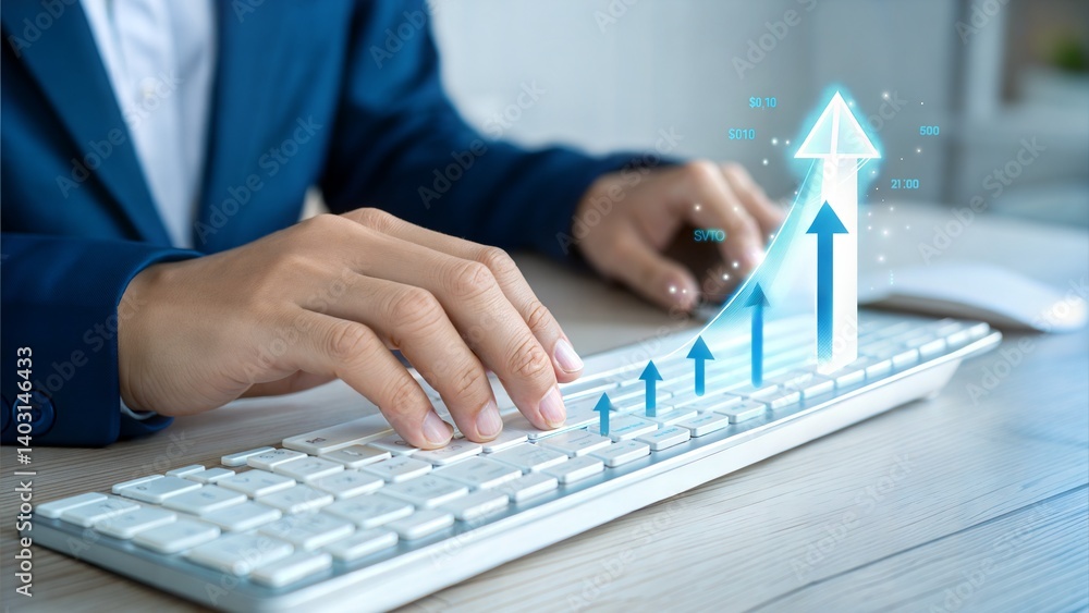 Poster digital growth concept with 3d arrow emerging from keyboard. professional hand in blue suit interact