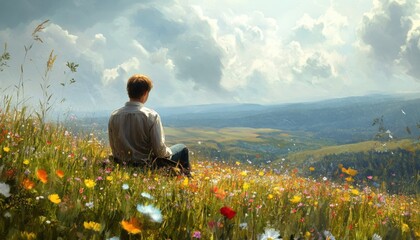 Fototapeta premium A serene man sits amidst a vibrant meadow, contemplating the vast landscape.