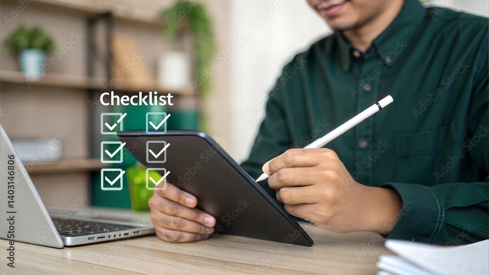 Poster professional using stylus on digital tablet with checklist. modern workspace with productivity tools