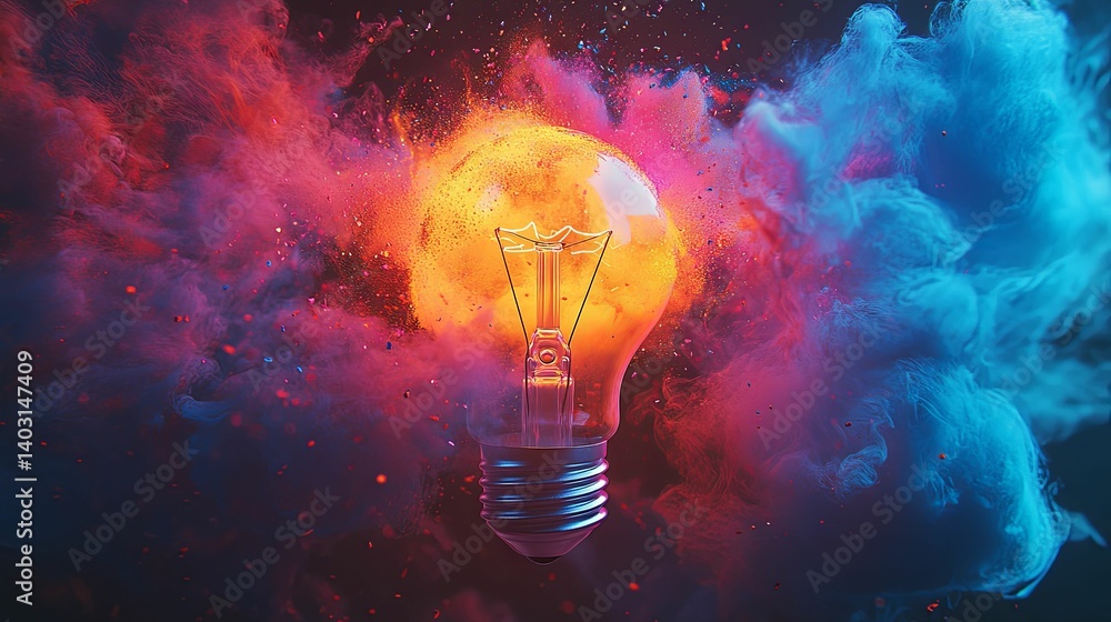 Poster a glowing lightbulb exploding with vibrant colors of creativity.