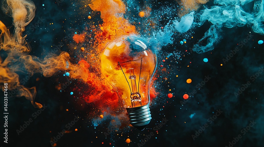 Poster a vibrant lightbulb exploding with color, symbolizing creativity.
