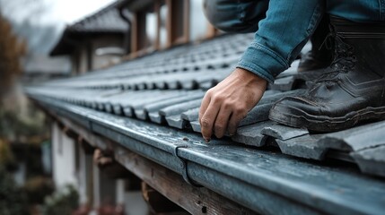 Close-Up of Roofer Cutting Metal Shingle Edge with Scissors – Worker Hands on Industrial Roof Installation Scene
