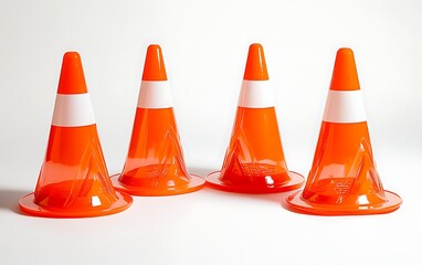 Group of Vibrant Orange and White Traffic Cones on a Clean, White Background