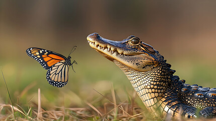 Naklejka premium A curious alligator gazes at a monarch butterfly in the tall grass.