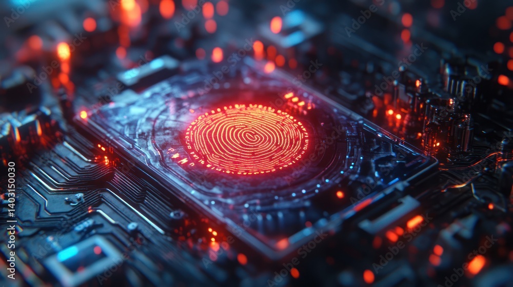 Poster red fingerprint scan on futuristic circuit board