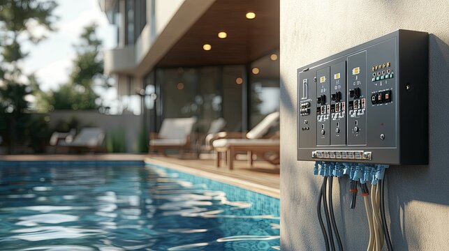 Outdoor poolside electrical control panel near a swimming pool.
