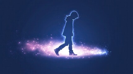 A silhouette of a child walking through a galaxy of sparkling lights, symbolizing imagination, wonder, and exploration of the endless possibilities in the mind.