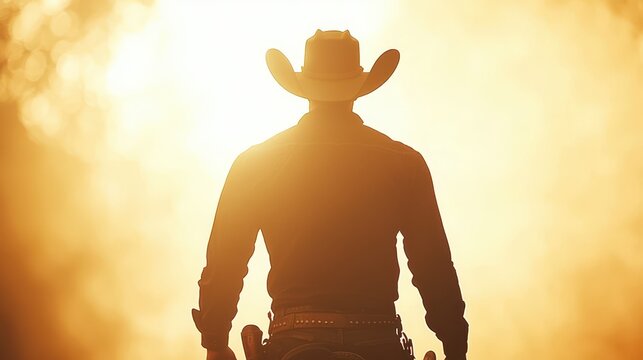 A silhouette of a cowboy standing against a glowing sunset, evoking a sense of adventure and embodying the spirit of the Wild West, showcasing rugged individualism and freedom.