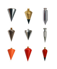 Plumb Bob Set with Nine Unique Metal and Plastic Pendulum Tools Isolated on Transparent Background for Engineering, Masonry, and Construction Precision