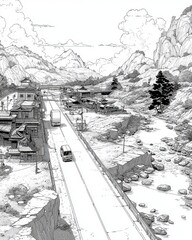 Fototapeta premium Idyllic Mountain Road with Traditional Houses and Scenic Nature Landscape in Black and White