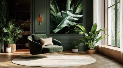 A sophisticated and tranquil living room boasting a deep green color palette, lush greenery, and a calming aesthetic.