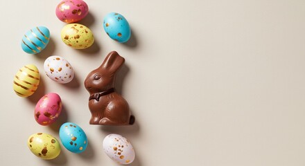 Colorful easter arrangement with chocolate bunny and painted eggs