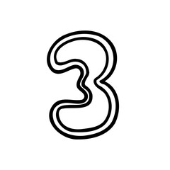 Stroke digit number three 3. Black font symbol in hand drawn doodle style. Vector illustration isolated on white background. For menu, presentation, branding, font, education, math.