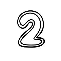 Stroke digit number two 2. Black font symbol in hand drawn doodle style. Vector illustration isolated on white background. For menu, presentation, branding, font, education, math.