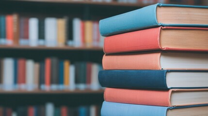 Fototapeta premium A stack of colorful books in a library setting, symbolizing knowledge and learning. Perfect for illustrating hobbies, reading, and education themes.