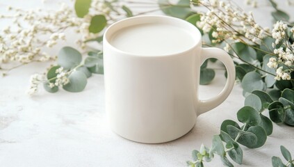 A white mug brimming with coffee and milk sits on a serene table, accompanied by fresh eucalyptus leaves and flowers, creating a tranquil atmosphere with soft lighting