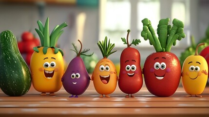 animated fruit and vegetable characters teaching food groups, kids show style