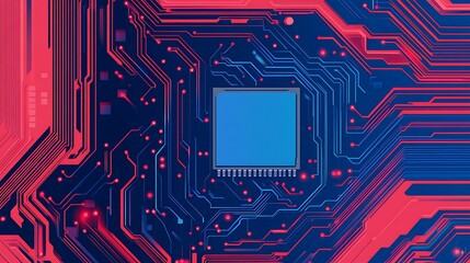 Abstract Circuit Board with Glowing Red and Blue Lines