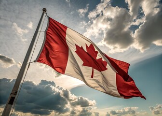 canadian flag waving against blue sky