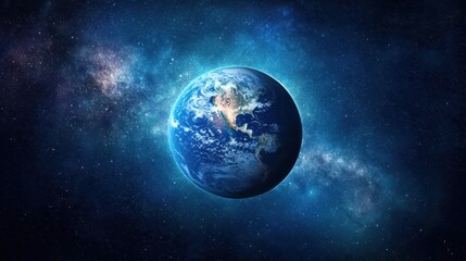 A stunning view of Earth from space, surrounded by the vast expanse of the galaxy, showcasing swirling clouds and vibrant oceans, along with the twinkling stars in the background.