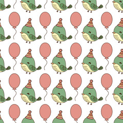 Birds in birthday hat and balloons. Seamless vector pattern for fabric design, wrapping paper, wallpapers.  Hand drawn.