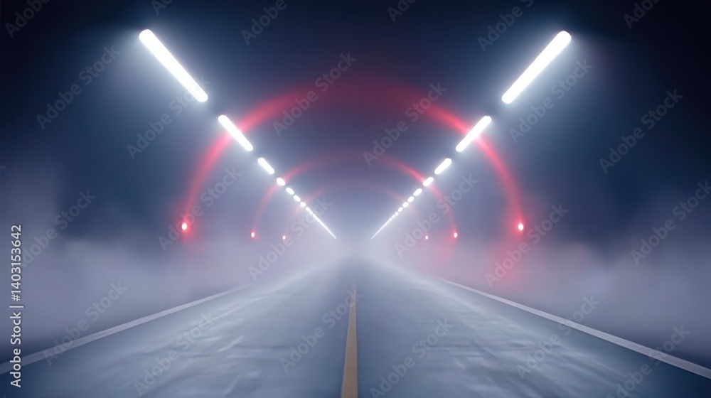 Poster a surreal tunnel scene illuminated by vibrant lights and enveloped in mist, creating an atmospheric 