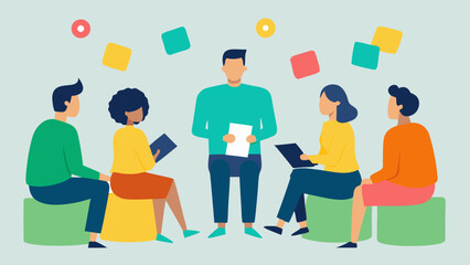 Obraz premium Group Therapy Session A the with a clipboard sitting in a circle with participants facilitating a discussion on mental health with colorful sticky notes on a wall summarizing