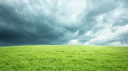 Fototapeta premium A vast expanse of lush green grass stretches under a moody gray sky, creating a captivating contrast. The scene captures the beauty of nature and the serenity of open landscapes.