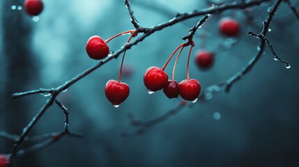 Red cherries on branch with water droplets nature photography stock image for background and wallpaper use