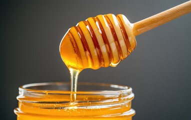 Honey Drizzle from Wooden Dipper into a Glass Jar - A Sweet and Natural Treat