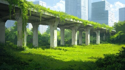 Obraz premium A vibrant juxtaposition of nature reclaiming urban space, with lush greenery enveloping a concrete structure under a bright sky, symbolizing the harmony between development and nat