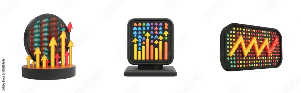 Poster colorful graphs and arrows depicting data trends and increase in business metrics