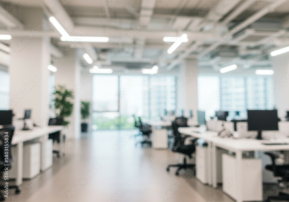 Aufkleber blurred view of a bright open office space with desks chairs and large windows in the background