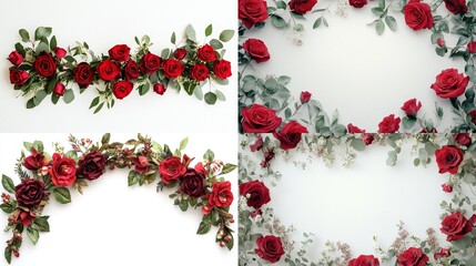 Red rose and eucalyptus floral arrangements on white.