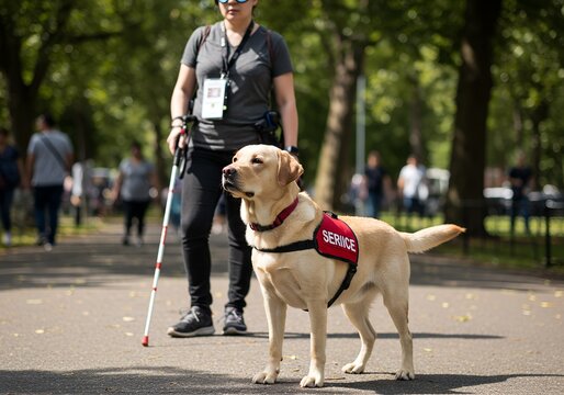 Service dog with blind person, outdoor park path, service vest clearly visible