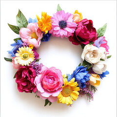 A vibrant summer floral wreath bursting with joy and color, a radiant celebration of life's beauty against a bright white background.