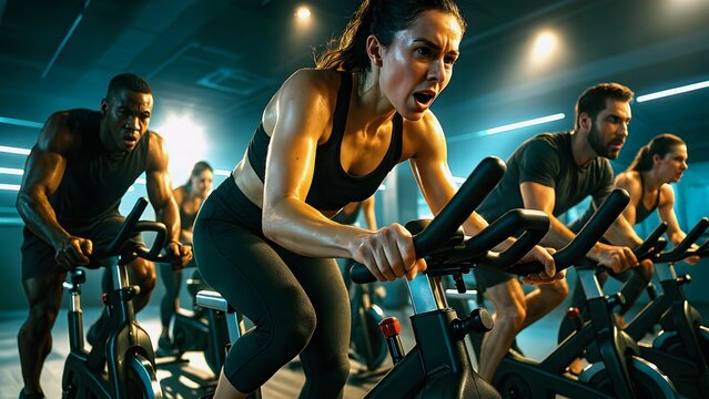 Group of determined athletes are pushing their limits during a high-intensity cycling class, their faces reflecting the effort and focus required to conquer the challenging workout