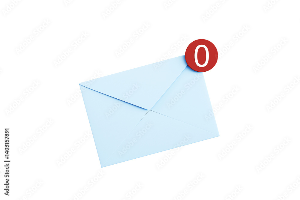 Poster blue envelope with red zero notification icon, clean minimal 3d rendering style, isolated on white b