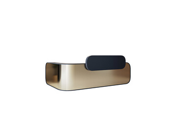 Stylish curved reception desk with gold body and black top, clean design style, isolated on white background. Concept of modern office interior. 3D Rendering.