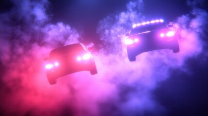 Dynamic and dramatic nighttime scene featuring two police cars with flashing lights, navigating through colorful smoke