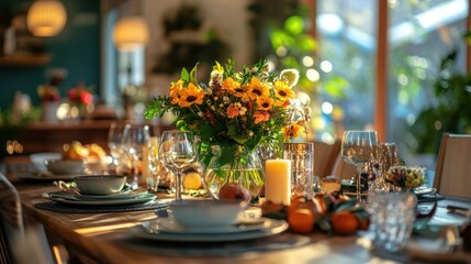 Sunlit autumnal table setting, sunflowers, home dining room, blurred background, festive meal