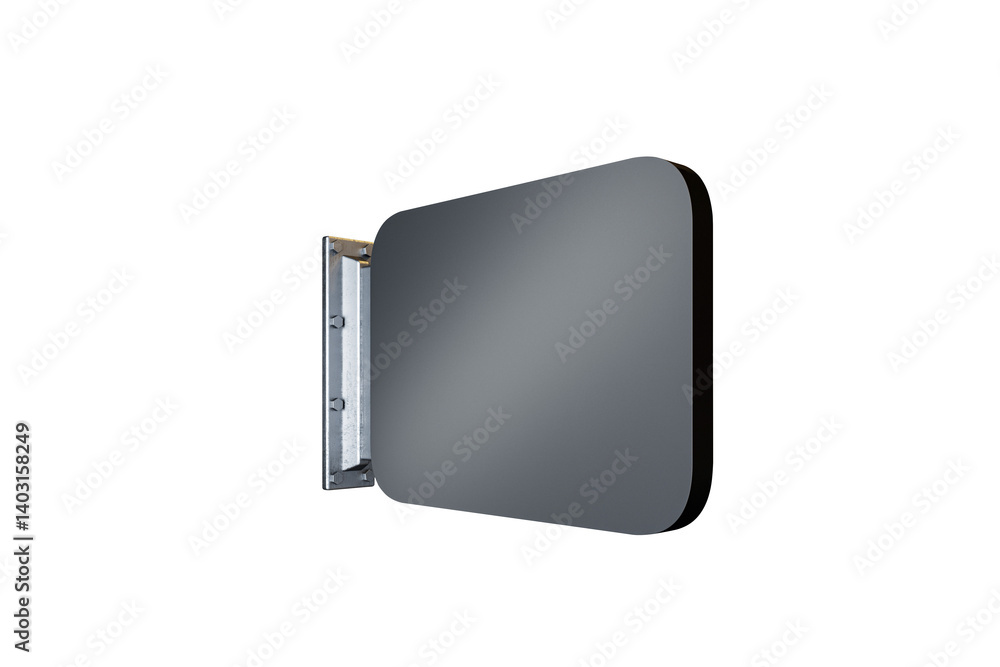 Poster wall-mounted blank black rectangular signboard with rounded corners and metallic bracket, isolated o