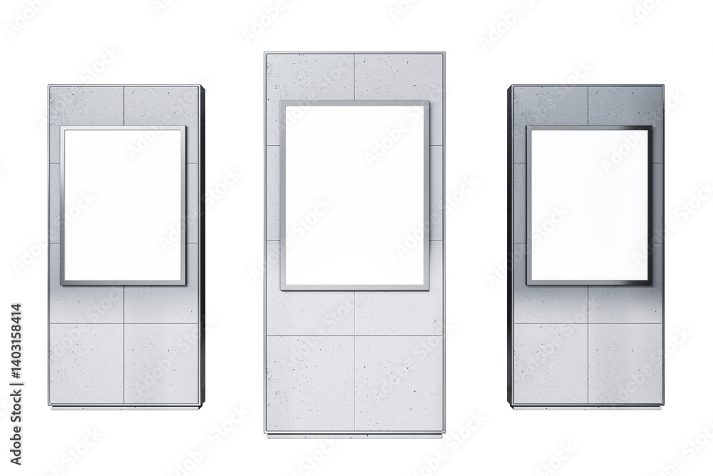 Poster Three vertical blank display boards with clean concrete frames, isolated on light background. 3D Rendering concept of poster or banner mockup