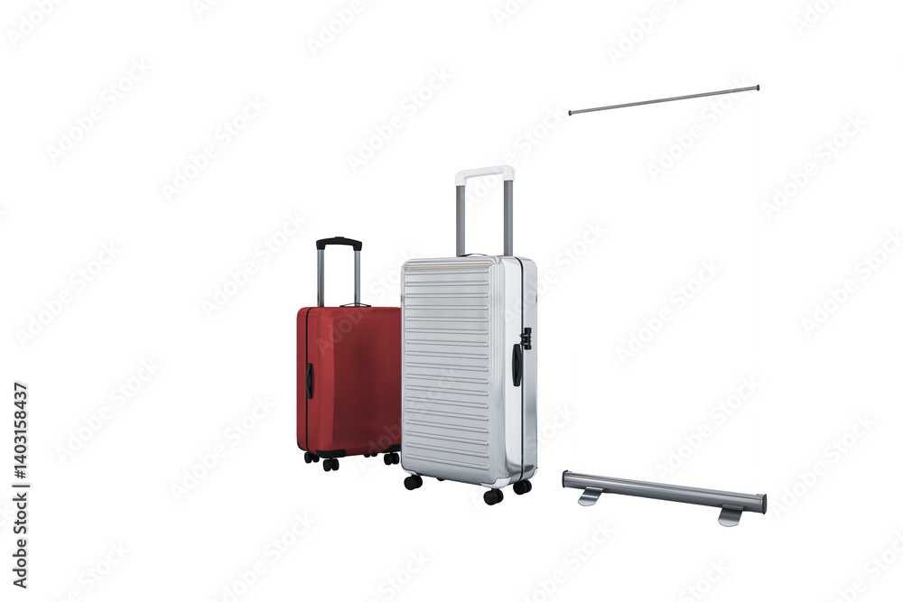 Poster two travel suitcases and a roll up banner stand isolated on white background, clean layout element f