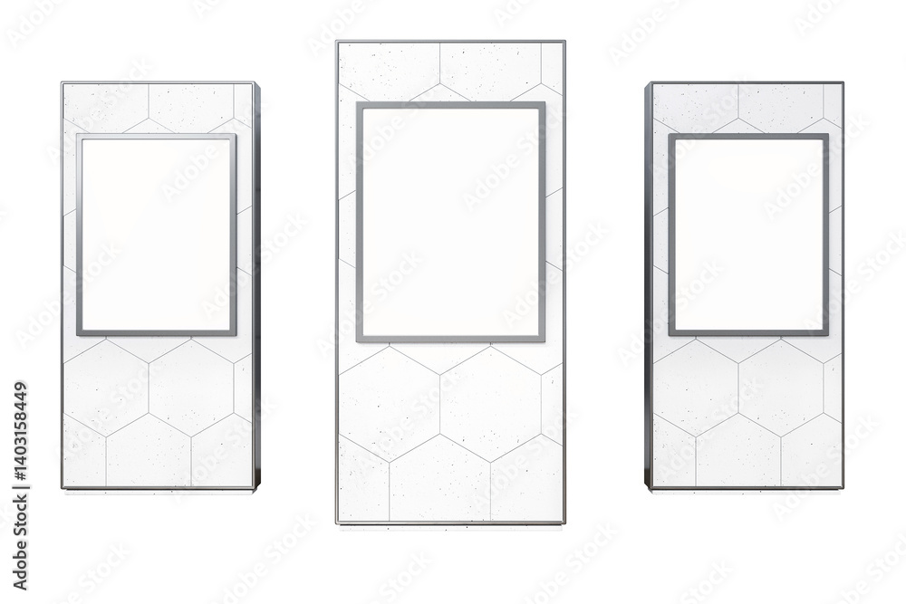 Poster Three vertical blank display boards with frames on a white hexagon-tile surface, isolated on white background, concept of modern presentation. 3D Rendering