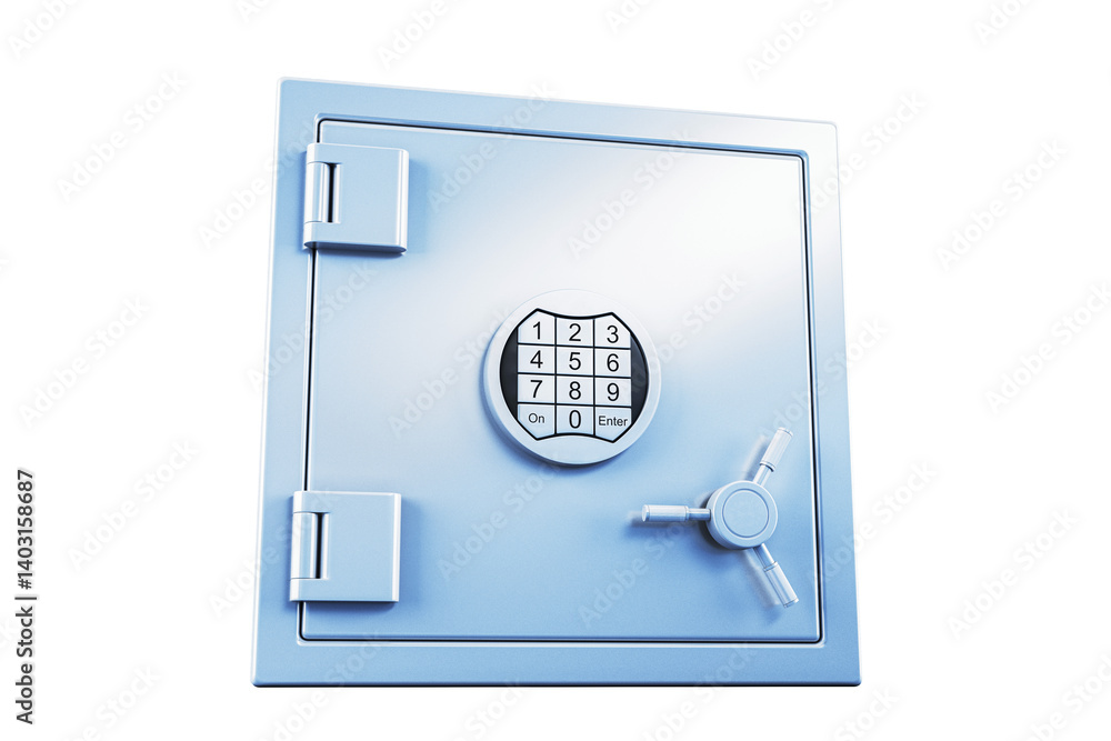 Poster closed metal safe with digital keypad and combination lock, clean 3d rendering style, isolated on wh