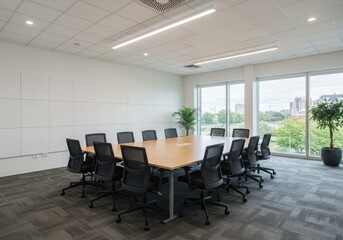 A conference room with a large table surrounded by chairs and plants near large windows in a modern office